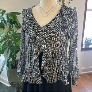 Y2K Black and White Pattern Ruffle Blouse